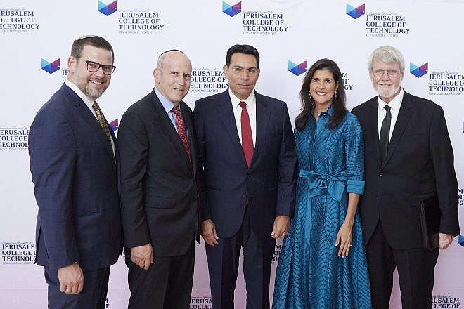 A photo from the CFJCT’s annual gala (From left to right): new JCT Vice President Daniel Fogel, outgoing JCT Vice President Stuart Hershkowitz, Danny Danon, Nikki Haley, JCT President Chaim Sukenik. Credit: Hudson Taylor.