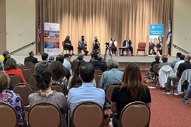 A delegation from the NGO Sharaka speaks at Congregation Beth El in La Jolla, Calif., on Oct. 27. Credit: Jewish Federation of San Diego County.
