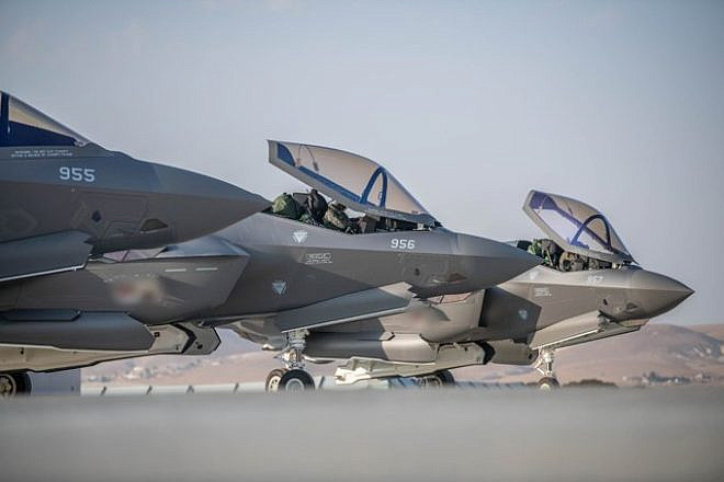 Three IDF F-35i “Adir” aircraft upon their arrival at Israel's Nevatim Air Force Base on Sunday, Nov. 13, 2022. The aircraft will join the “Golden Eagle” Squadron, according to the Israeli military. Credit: Israel Defense Forces.