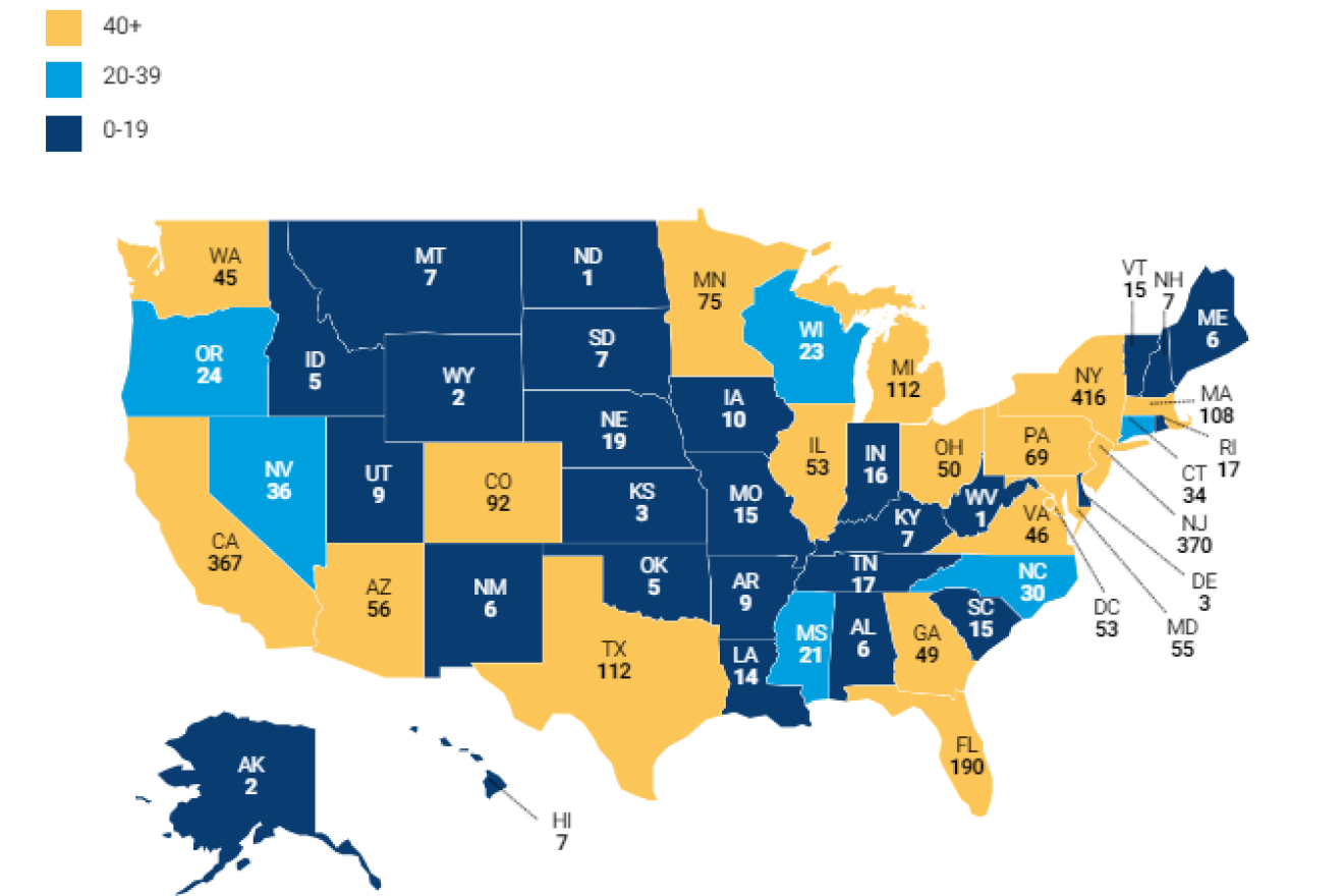 Anti-Defamation League statistics of antisemitic incidents by U.S. state in 2021.