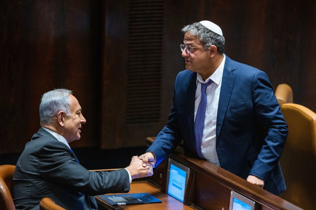 Israeli Prime Minister Benjamin Netanyahu and National Security Minister Itamar Ben-Gvir at the Knesset in Jerusalem. Photo by Olivier Fitoussi/Flash90.