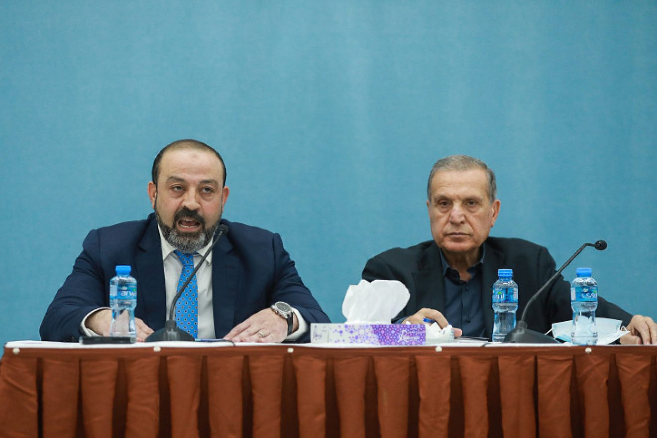 P.A. Attorney General Akram Al Khateeb (left) and the spokesperson for the P.A. Presidency, Nabil Abu Rudeineh, present the results of an investigation into the death of Al Jazeera journalist Shireen Abu Akleh, in Ramallah, May 26, 2022. Photo by Flash90.
