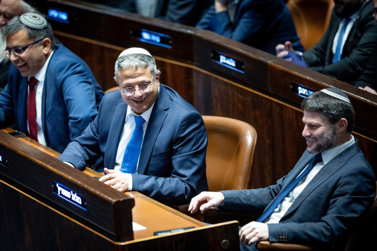 Israeli National Security Minister Itamar Ben-Gvir and Israeli Finance Minister Bezalel Smotrich at the swearing-in ceremony of the new Israeli government at the Knesset, on Dec. 29, 2022. Photo by Yonatan Sindel/Flash90.