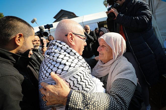 Family and friends greet Karim Younis, who was released from Israeli prison on Thursday, Jan. 5, 2023, after serving a 40-year prison sentence for murdering an IDF soldier in 1980. Photo by Jamal Awad/Flash90.