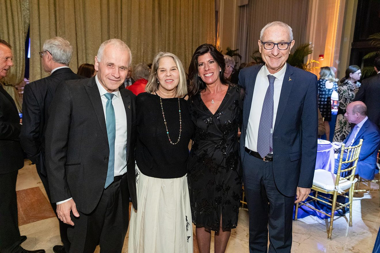The 2023 Palm Beach Scopus Award Gala, held at The Breakers in Palm Beach, on Friday, January 13th raised $1.1 million for the Hebrew University’s Center for Computational Medicine in Jerusalem. Pictured at the event presented by the Southeast Region of American Friends of the Hebrew University (AFHU), (left to right)  Hebrew University President Asher Cohen; Stacy Mandel-Palagye; Chief Executive Officer Emerita Beth Asnien McCoy, who was the honoree, and HU Chancellor, Professor Menahem Ben-Sasson.