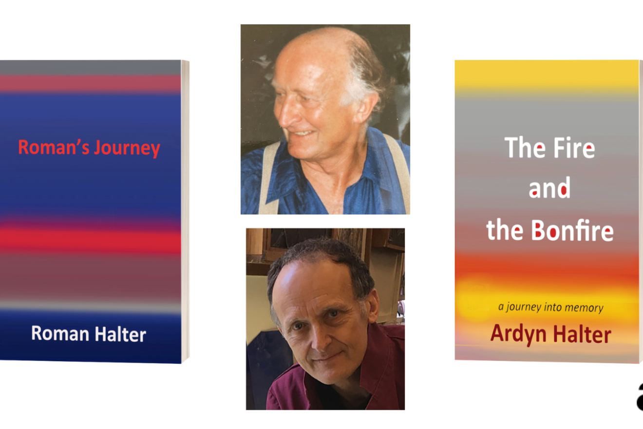 Ardyn Halter (bottom), author of “The Fire and the Bonfire,” and his father, Holocaust survivor Roman Halter, author of “Roman's Journey.” Credit: Amsterdam Publishers.