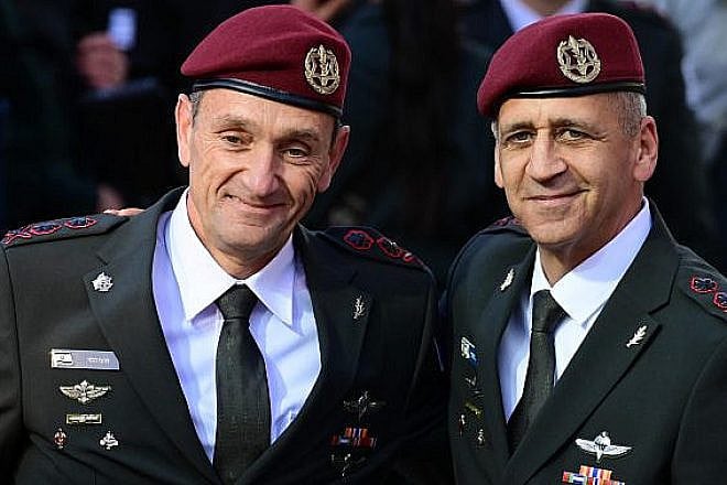 Outgoing IDF Chief of Staff Aviv Kochavi with incoming Chief of Staff Herzi Halevi at a ceremony at IDF headquarters in Tel Aviv, Jan. 16, 2023. Photo by Tomer Neuberg/Flash90.