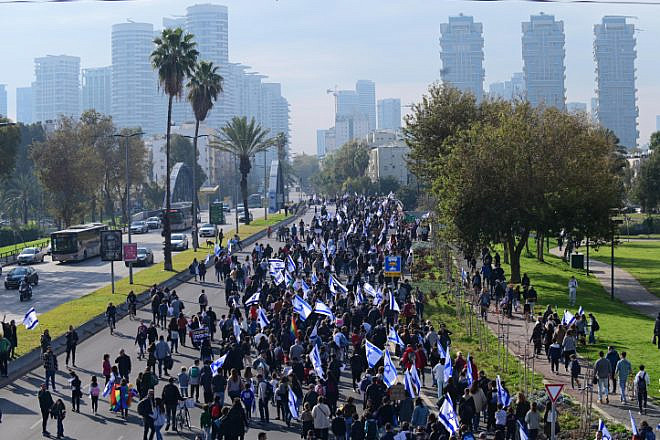 Israelis take to the streets of Tel Aviv during a general strike against the government's proposed judicial reforms, Feb. 13, 2023. Credit: Tomer Neuberg/FLASH90.