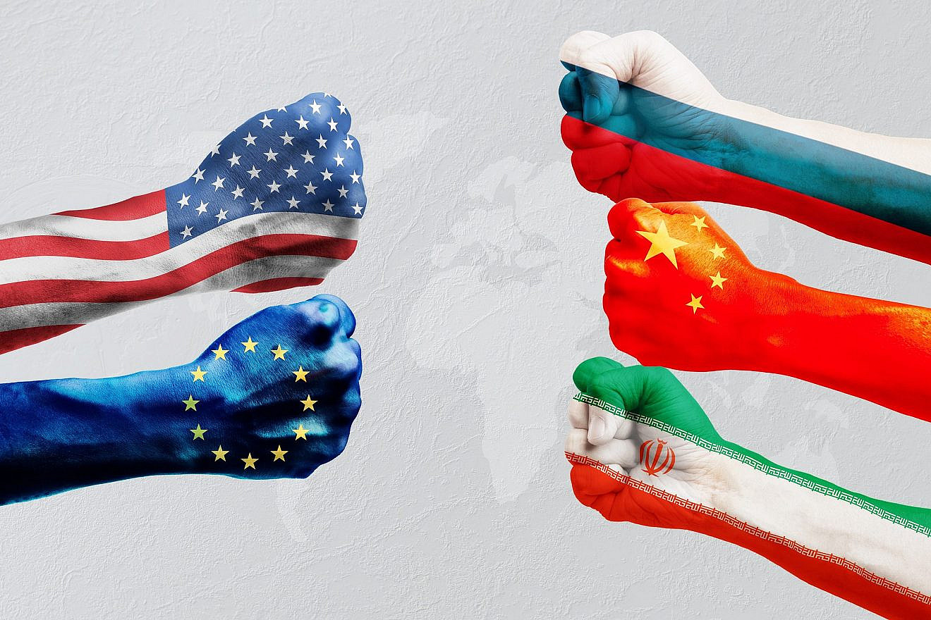 The main players shaping the year-long Ukraine war: The United States of America, the European Union, Russia, Iran and China. Credit: Khanthachai C/Shutterstock.