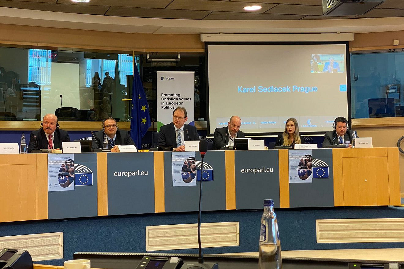 From left: ECPM president Valeriu Ghileţchi, IAF Europe director Leo van Doesburg, MEP Bert-Jan Ruissen, MEP Niclas Herbst, CAM European Affairs director Oriana Marie Krueger and president of the Israel Allies Foundation Josh Reinstein at the antisemitism conference in Brussels on March 30, 2023. Credit: Courtesy.