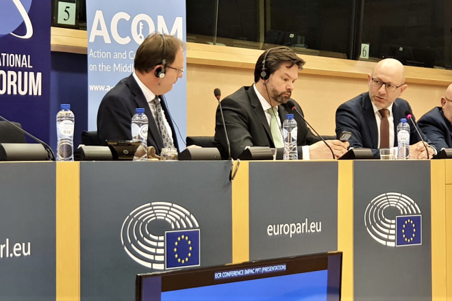 At a symposium in the European Parliament on countering terrorism are (from left) European parliament members Bert-Jan Ruissen of the Netherlands and Lukas Mandl of Austria; CEO of the International Legal Forum attorney Arsen Ostrovsky; and Eric Gozlan of the International Council for Diplomacy and Dialogue, March 29, 2023. Credit: Courtesy.