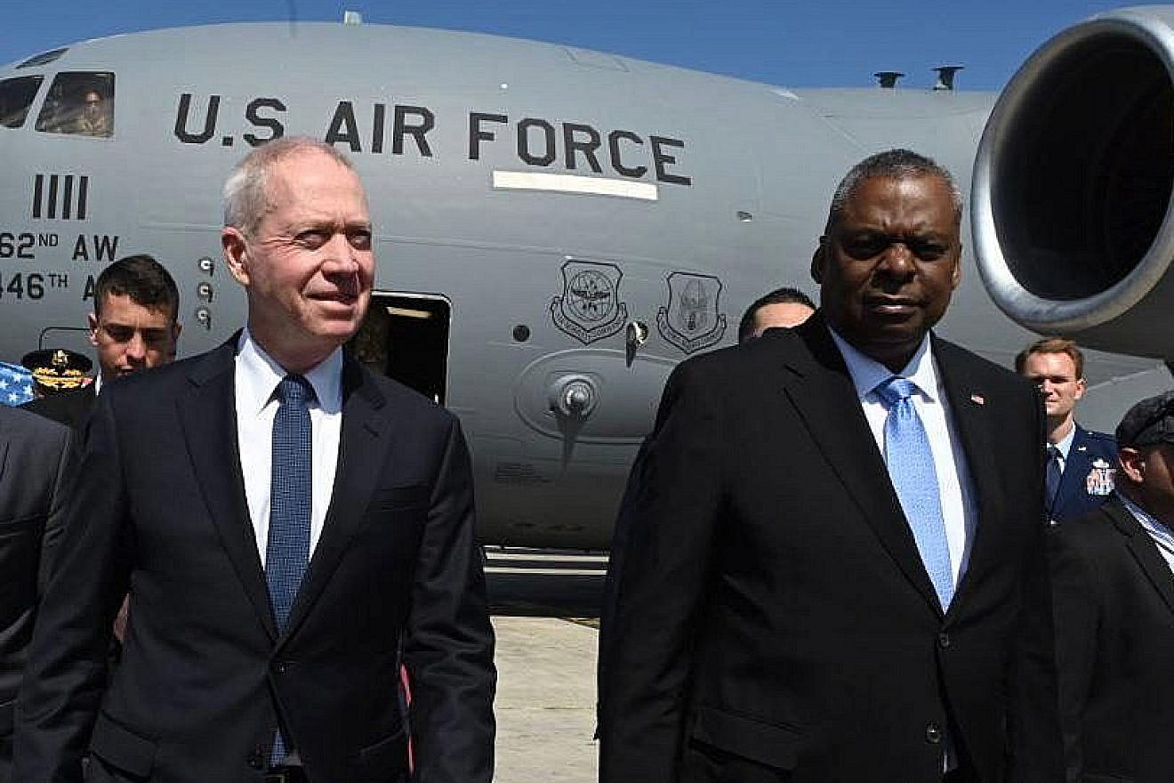 Israel Defense Minister Yoav Gallant welcomes U.S. Defense Secretary Lloyd Austin at Ben-Gurion International Airport on March 9, 2023. Photo by Ariel Hermoni/Israel Defense Ministry.