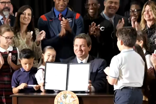 Florida Gov. Ron DeSantis displays new legislation on school choice for parents and families, March 27, 2023, Source: Screenshot.