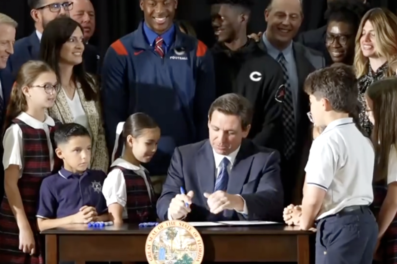 Florida Gov. Ron DeSantis signs new legislation on school choice for parents and families, March 27, 2023, Source: Screenshot.