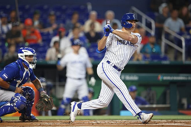 First baseman Matt Mervis of Team Israel bats against Nicaragua at the World Baseball Classic in Miami, March 12, 2023. Credit: Courtesy of Major League Baseball.