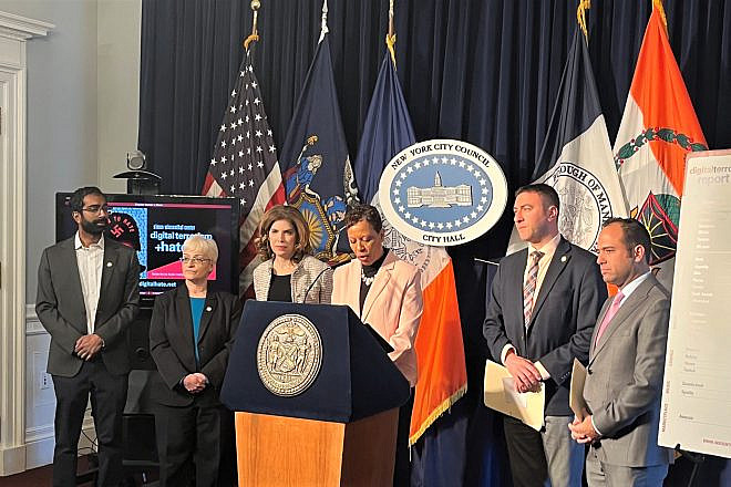 From left: New York City Council members Shekar Krishnan, Lynn Schulman, Julie Menin, Adrienne Adams (Council Speaker) and Eric Dinowitz, along with Michael Cohen, Eastern Director of the Simon Wiesenthal Center. Credit: New York City Hall.
