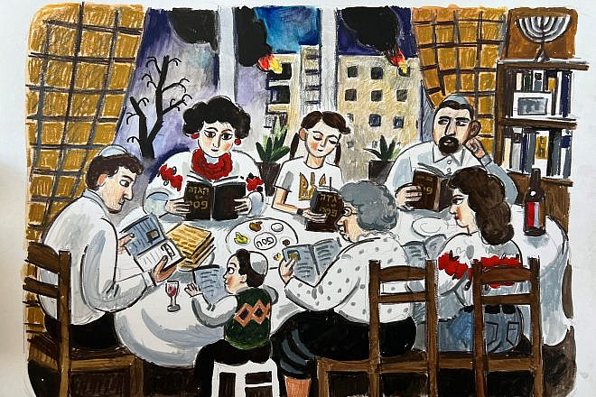 A sketch by Kyiv-born artist Zoya Cherkassky-Nnadi in the new Ukrainian-language Passover Hagaddah. Credit: The Kesher Project.