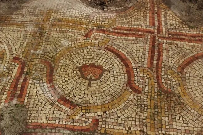 Flower decorations on the mosaic floor in Shoham, central Israel. Photo by Emil Aladjem/IAA.