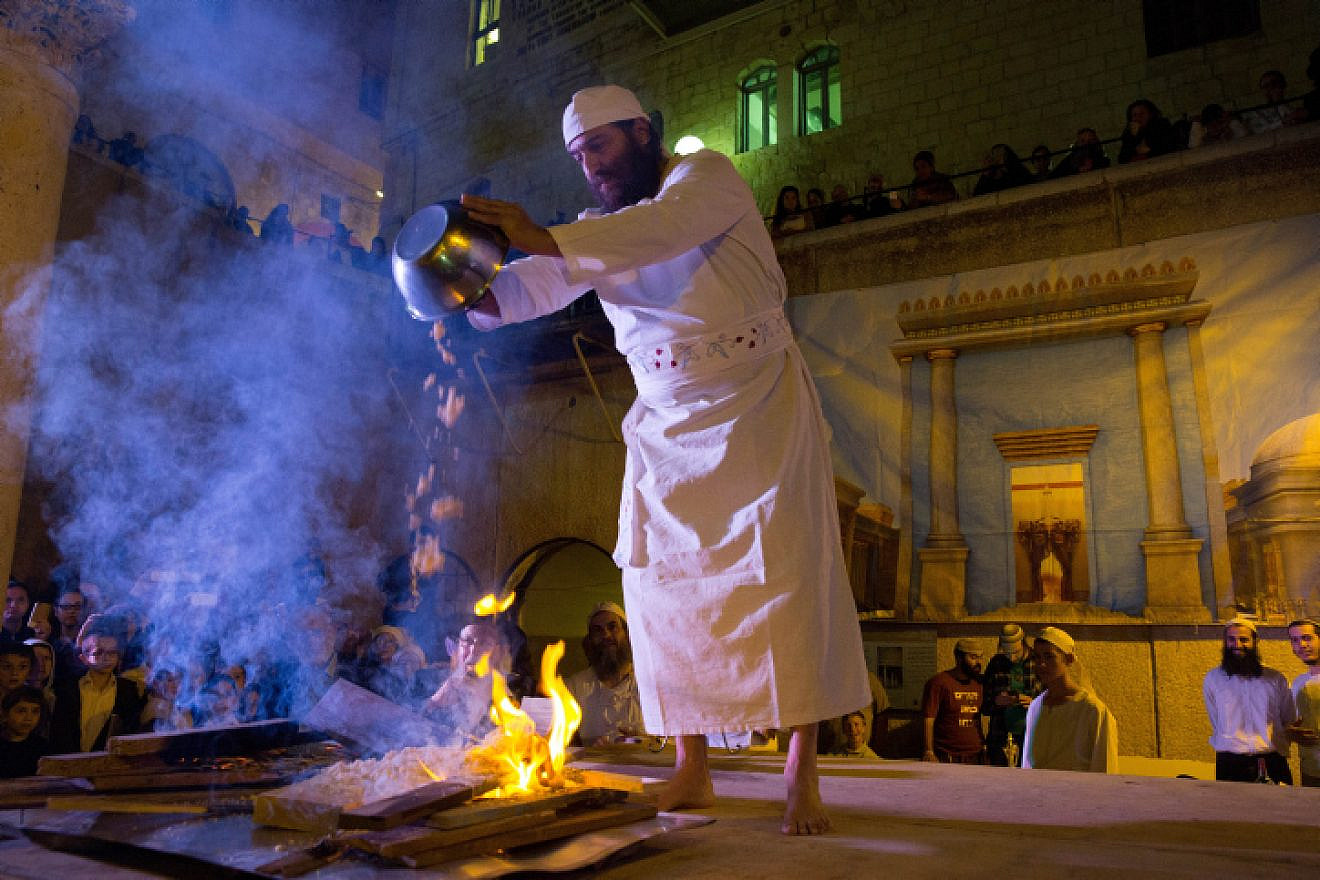 Jewish men take part in a sacrifice procession ('korban' in Hebrew) at the Cardo in the Old City of Jerusalem, March 10, 2016. Photo by Nati Shohat/Flash90.