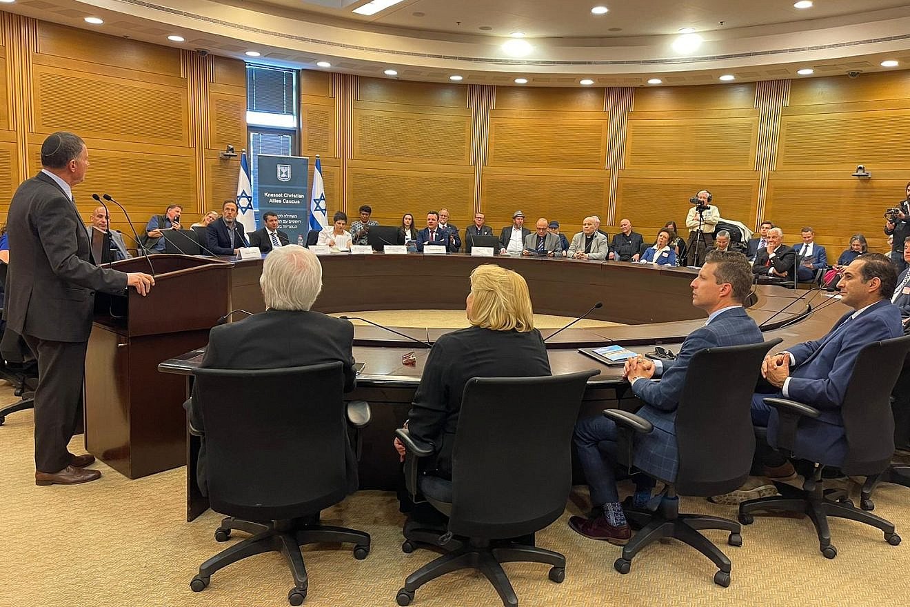 MK Yuli Edelstein addresses Christian supporters of Israel at the Knesset in Jerusalem, May 2, 2023. Courtesy.