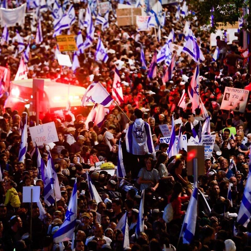 Right-wing Israelis attend a rally in support of the government's planned judicial overhaul, outside the Knesset, the Israeli parliament in Jerusalem, on April 27, 2023. Photo by Erik Marmor/Flash90