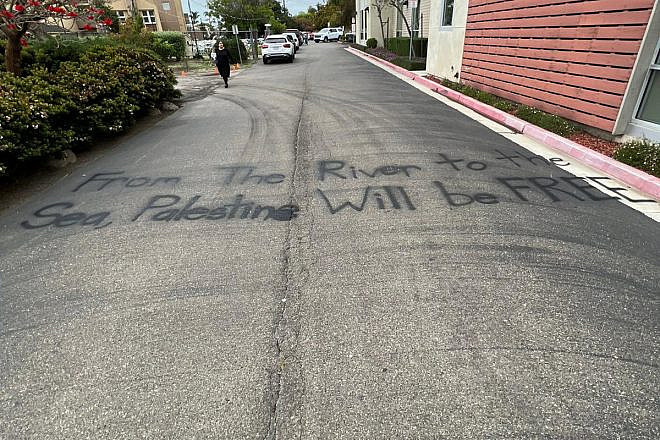 “From the River to the Sea, Palestine Will Be Free” was spray-painted on a street outside Chabad at the University of California, Santa Barbara, May 2023. Source: X/Twitter.