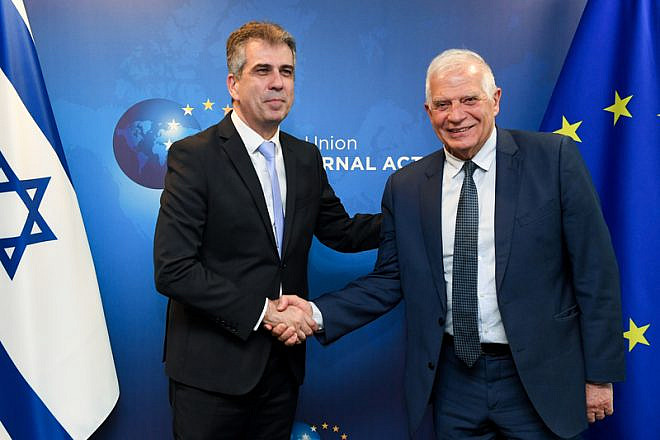 Israel Foreign Minister Eli Cohen, left, meets with European Union High Representative for Foreign Affairs Josep Borrell in Brussels on May 2, 2023. Source: Twitter via MFA.