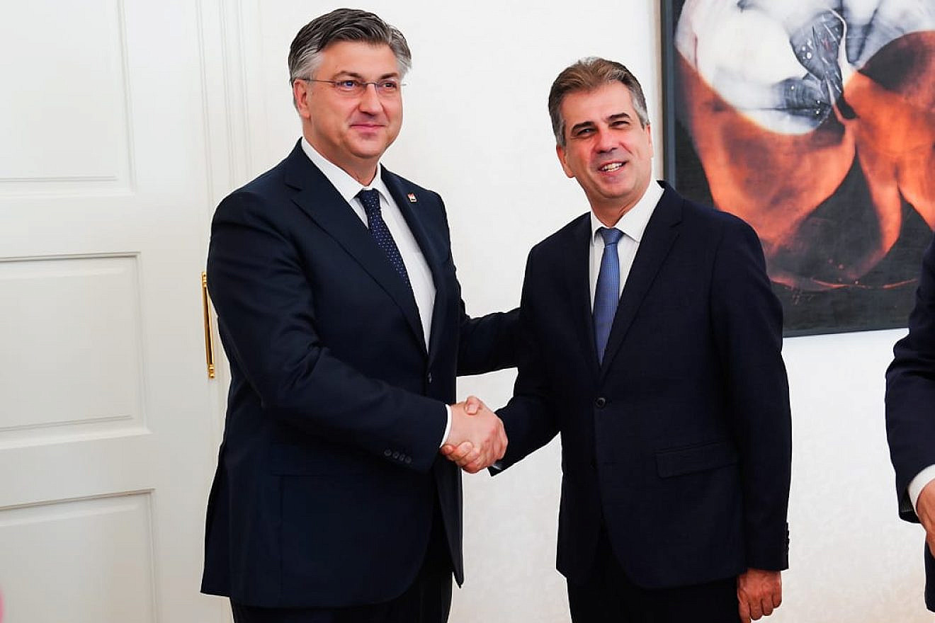 Israeli Foreign Minister Eli Cohen, right, with Croatian Prime Minister Andrej Plenković on May 29, 2023 in Zagreb, Croatia. Source: Eli Cohen via Twitter