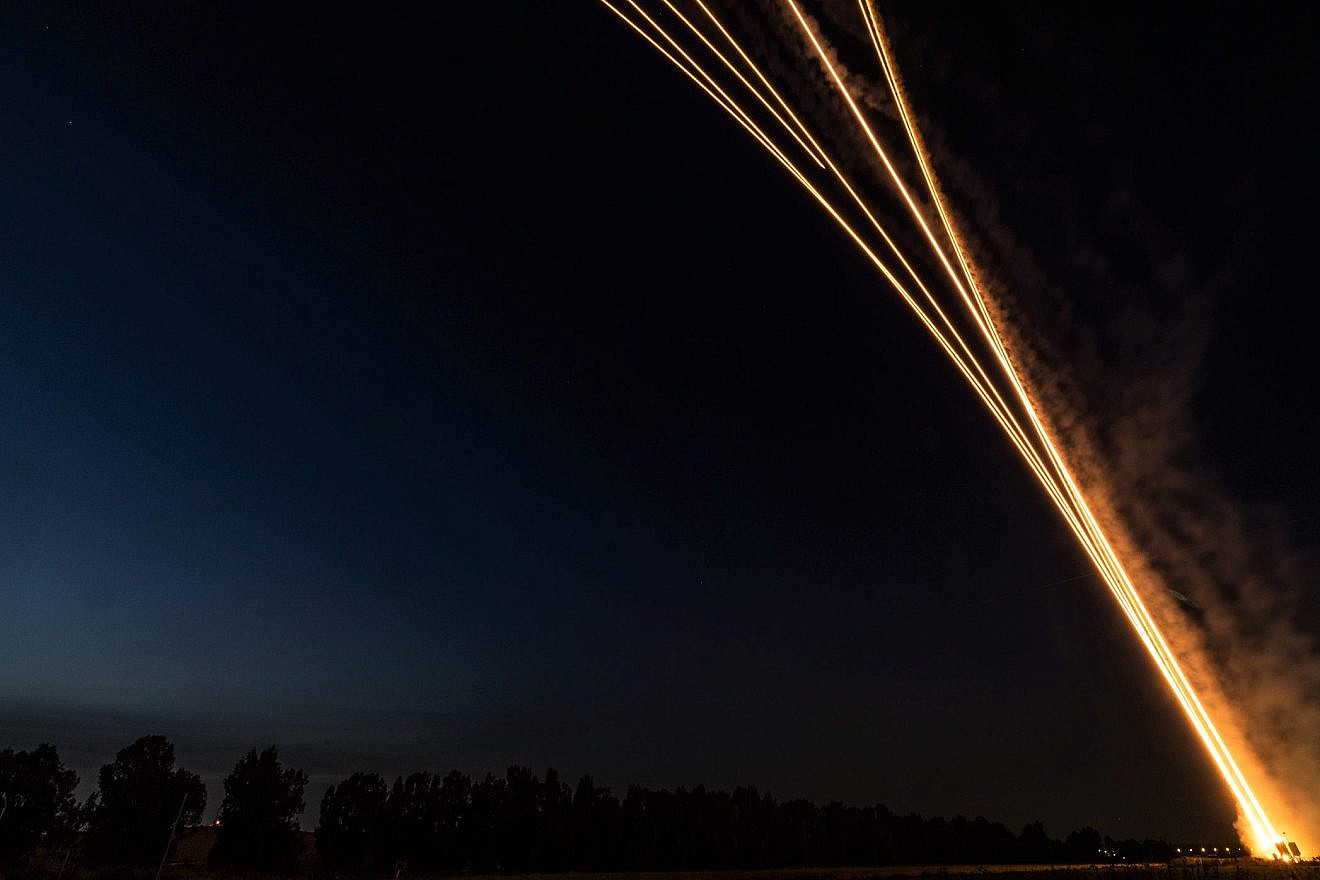 The Iron Dome air-defense system launches interception missiles as a barrage of rockets are fired towards southern Israel from Palestinian Islamic Jihad in the Gaza Strip, May 10, 2023. Photo by Yonatan Sindel/Flash90.