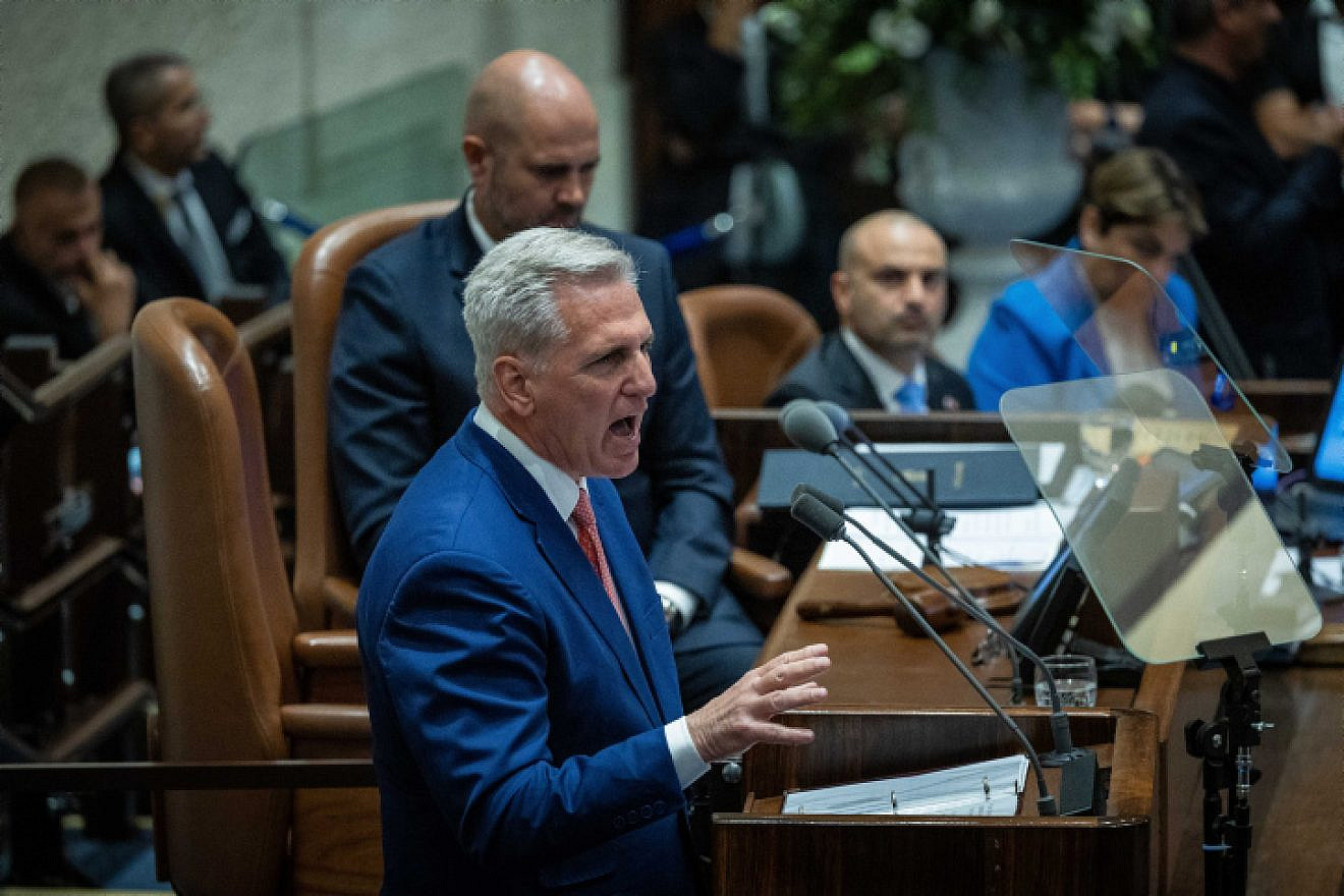 U.S. House Speaker Kevin McCarthy speaks during the opening of the summer session at the Knesset in Jerusalem, May 1, 2023. Photo by Yonatan Sindel/Flash90.