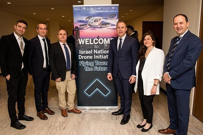 Israeli representatives, including Israeli Ambassador to the United Nations Gilad Erdan (fourth from left), and Daniella Partem of the Israel Innovation Authority at the “Flying to the Future” event, part of the U.N. Science, Technology and Innovation Forum, on May 3, 2023. Photo by Ohad Kab.