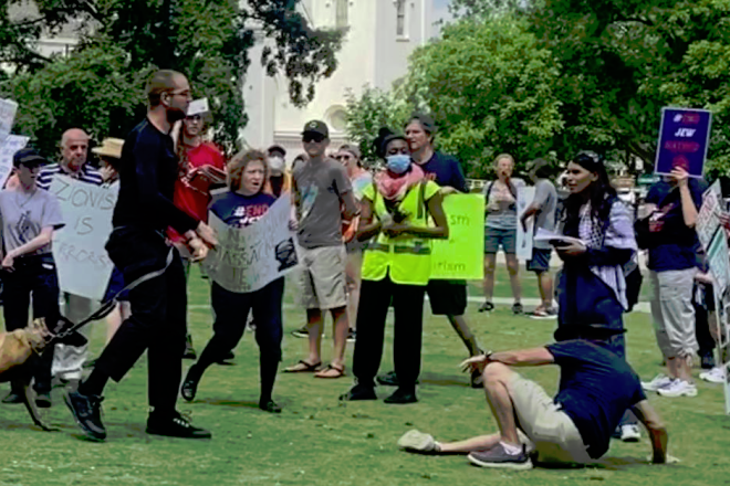 Anti-Israel protesters attack pro-Israel counter-protesters in Raleigh, North Carolina, May 13, 2023. Credit: courtesy