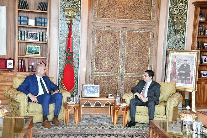 Knesset Speaker Amir Ohana (left) and Moroccan Foreign Minister Nasser Bourita meet in Rabat, June 8, 2023. Source: X.