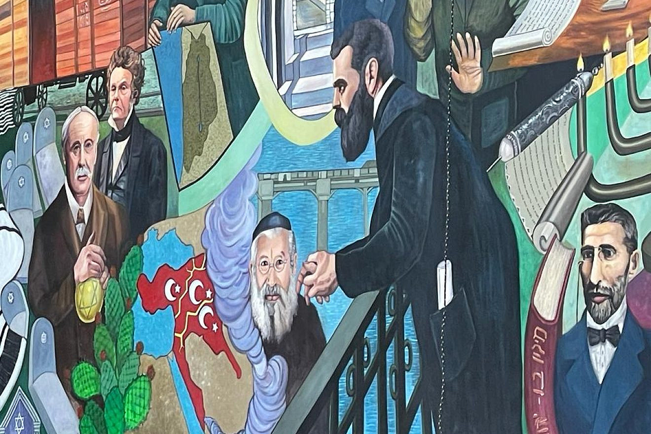 Theodor Herzl, the father of modern Zionism, depicted on a mural at Ben-Gurion International Airport. Credit: ILAN Spokesperson.