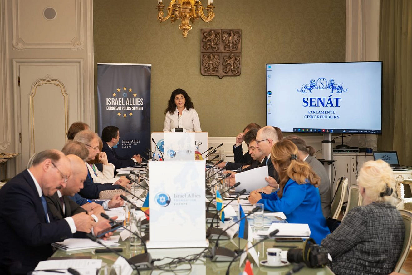 Knesset Christian Allies Caucus co-chair Sharren Haskel addresses European lawmakers at the Czech Parliament in Prague, on June 6, 2023. Credit: Daniel Petrina.
