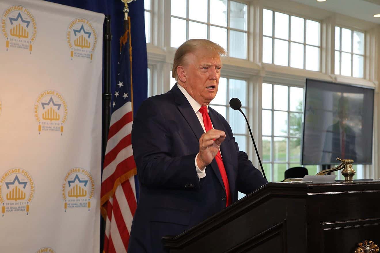 Former President Donald Trump speaks at an event where he received a Keter Yerushalyim ("Crown of Jerusalem") Award, July 10, 2023. Credit: Israel Heritage Foundation.