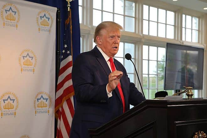 Former President Donald Trump speaks at an event where he received a Keter Yerushalyim ("Crown of Jerusalem") Award, July 10, 2023. Credit: Israel Heritage Foundation.