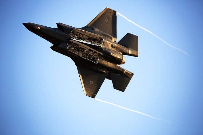 An Israeli Air Force Lockheed Martin F-35 Adir (Lightning II) stealth multirole combat aircraft with weapons bay open over Hatzerim Air Base near Beersheva, June 27, 2017. Photo by Yissachar Ruas/TPS.