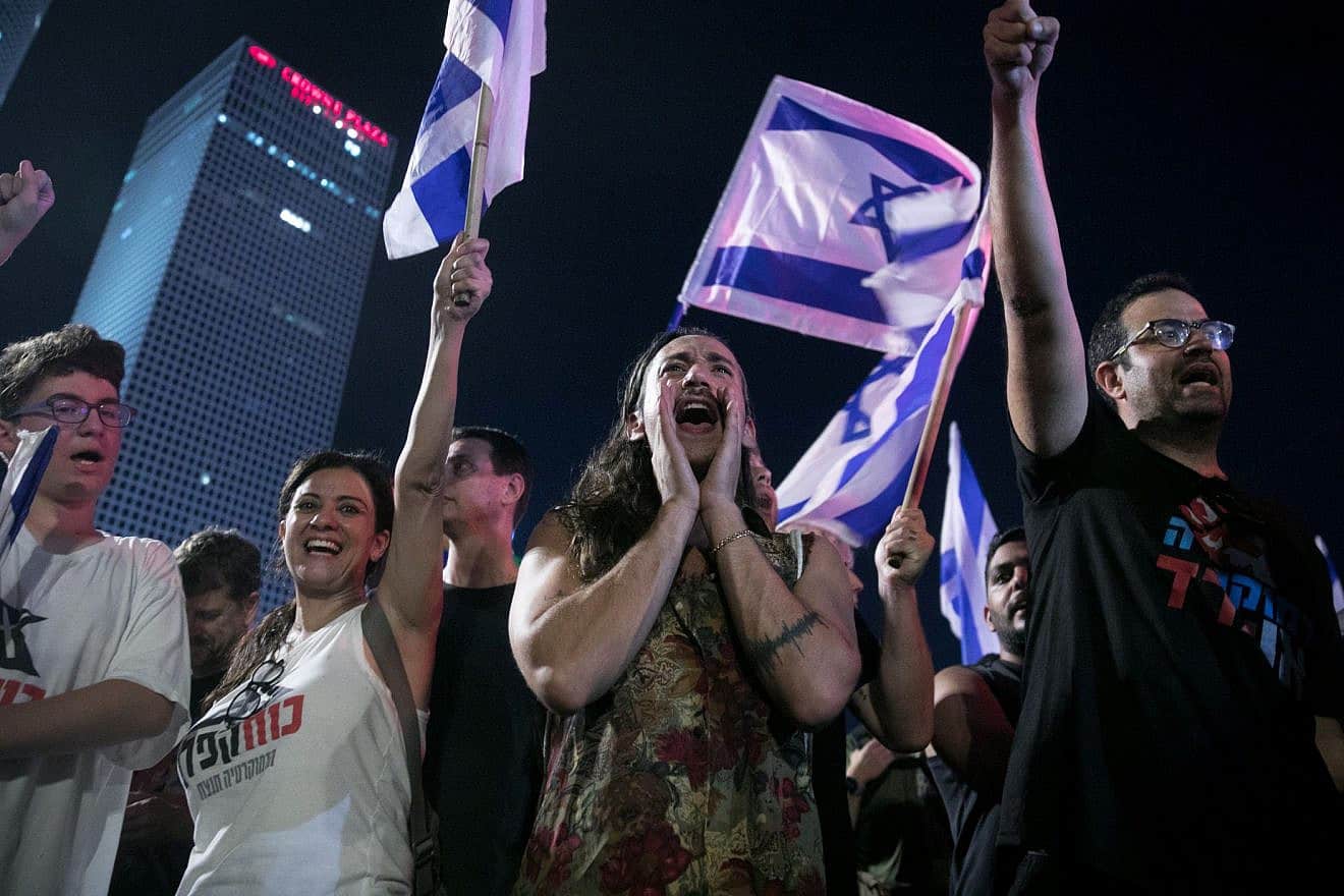 Israeli demonstrators protest against judicial reform in Tel Aviv, July 18, 2023. Photo by Miriam Alster/Flash90.