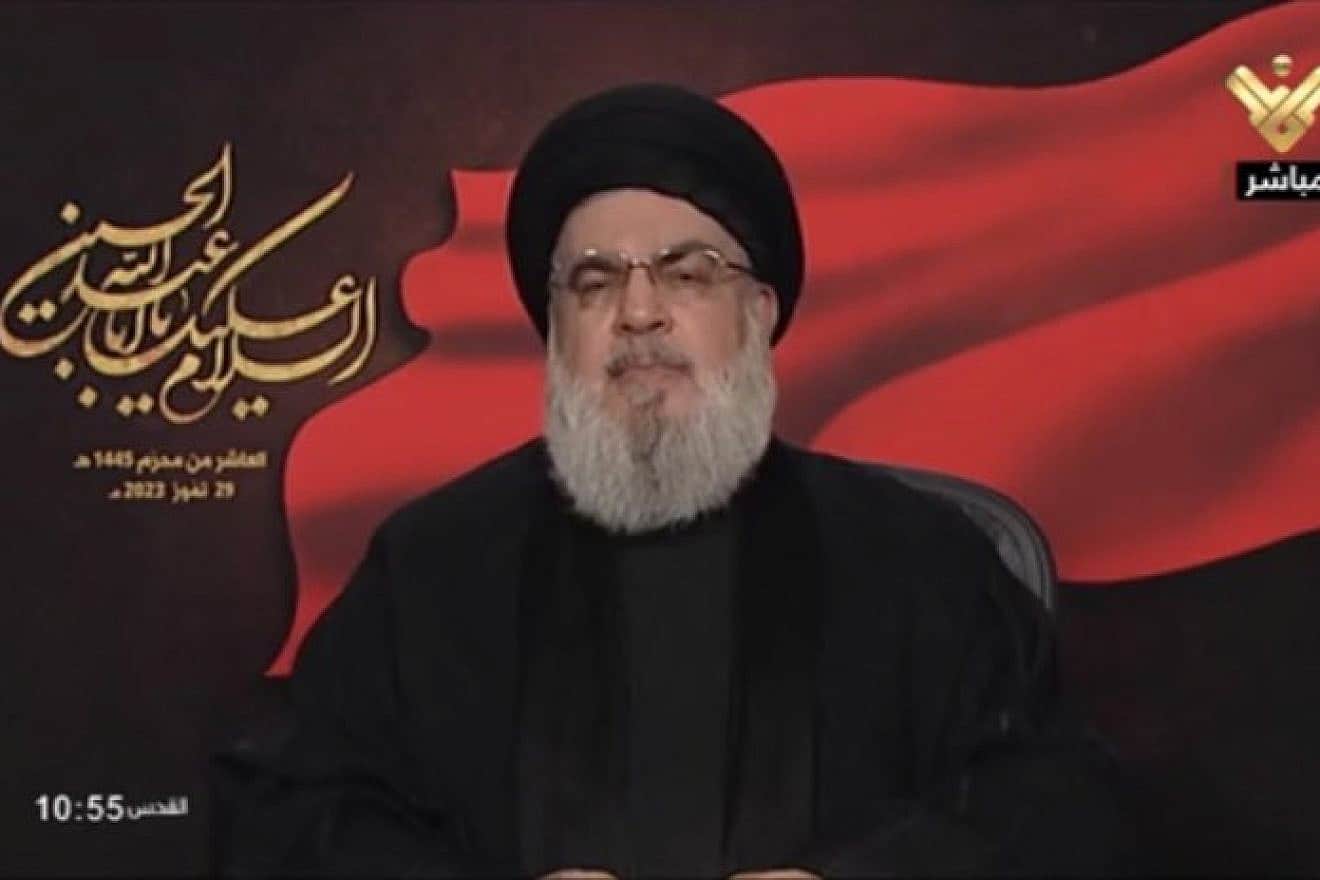 Hezbollah Secretary-General Hassan Nasrallah delivering a video address to mark the end of the Shi'ite holiday of Ashura, Beirut, July 29, 2023. Source: X.