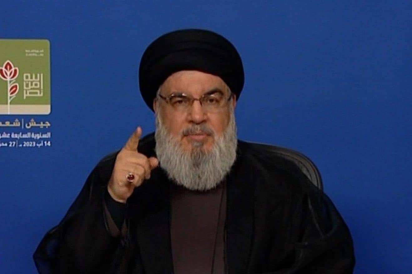 Hezbollah Secretary-General Hassan Nasrallah during a televised address marking the 17th anniversary of the end of the Second Lebanon War, Aug. 14, 2023. Source: X.