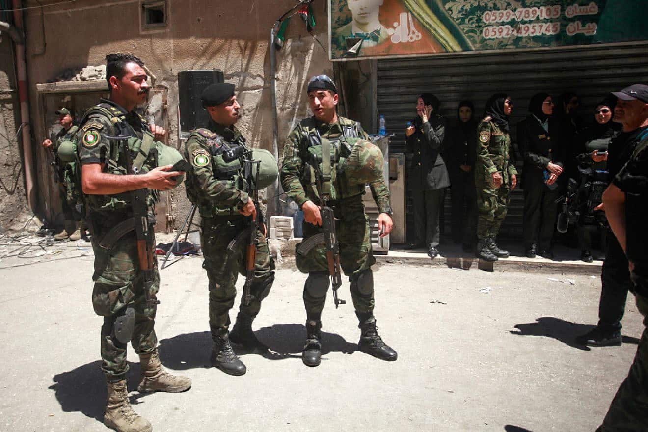 Palestinian Authority police officers on duty during a visit by P.A. head Mahmoud Abbas to Jenin on July 12, 2023. Photo by Nasser Ishtayeh/Flash90.