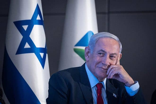 Israeli Prime Minister Benjamin Netanyahu at a press conference on the planned construction of a new railway line from the northern city of Kiryat Shmona to the city of Eilat, in Jerusalem, July 30, 2023. Photo by Chaim Goldberg/Flash90