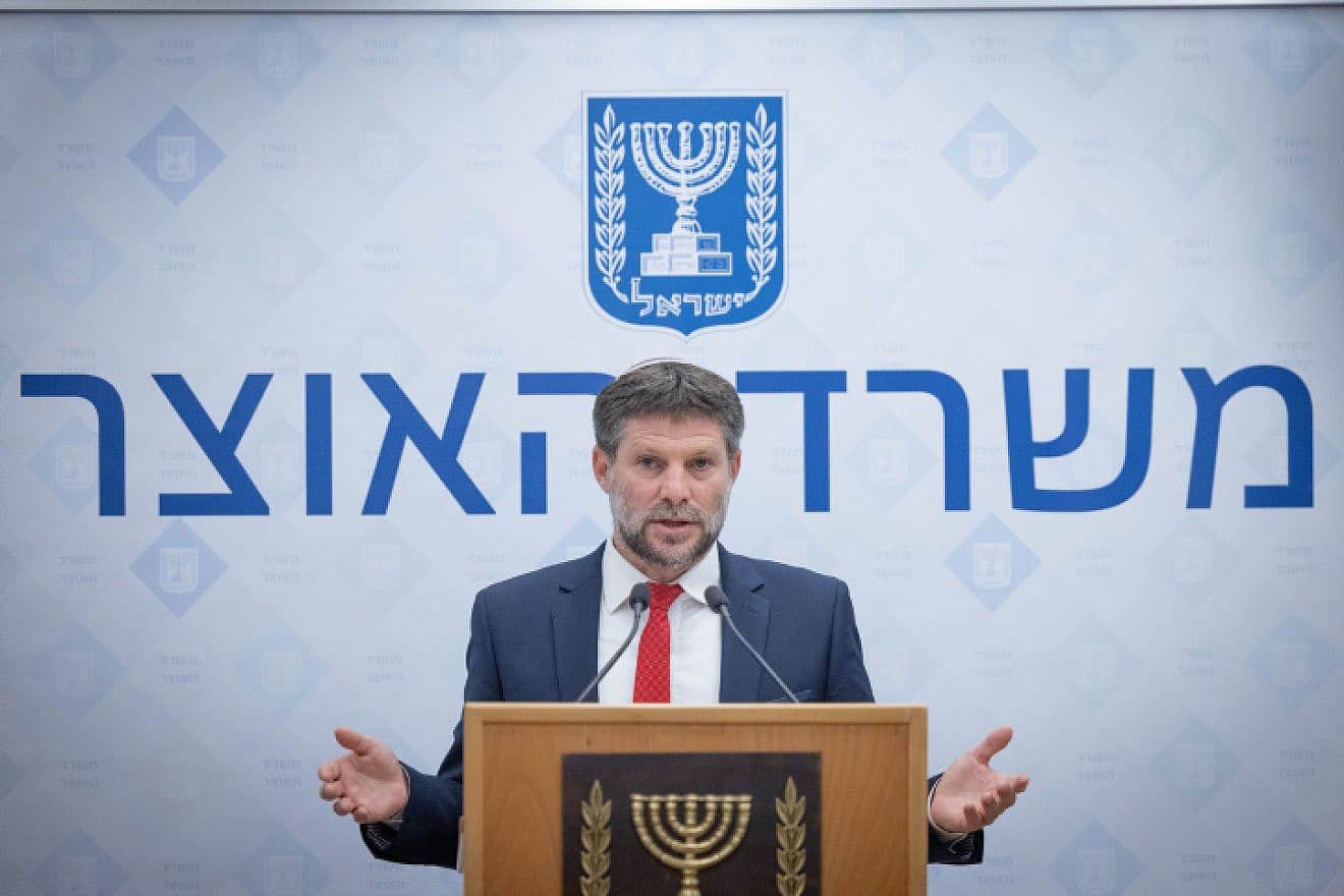 Israeli Finance Minister Bezalel Smotrich holds a press conference in Jerusalem, on Aug. 9, 2023. Photo by Chaim Goldberg/Flash90.
