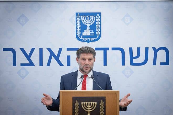 Israeli Finance Minister Bezalel Smotrich holds a press conference in Jerusalem, on Aug. 9, 2023. Photo by Chaim Goldberg/Flash90.