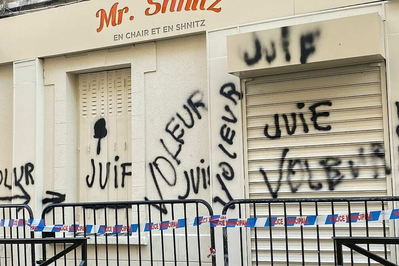 The "Mr. Shnitz" kosher restaurant targeted with antisemitic graffiti in Levallois-Perret, France, on Aug. 19, 2023. Source: X.