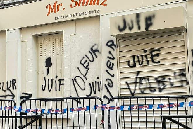 The "Mr. Shnitz" kosher restaurant targeted with antisemitic graffiti in Levallois-Perret, France, on Aug. 19, 2023. Source: X.