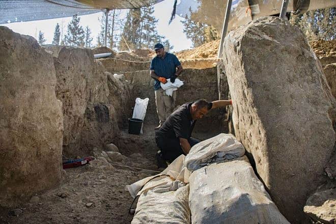 The 5,500 year-old gate at Tel Erani, near the Kiryat Gat industrial zone, Aug. 15, 2023. Photo by Yoli Schwartz/ Israel Antiquities Authority.