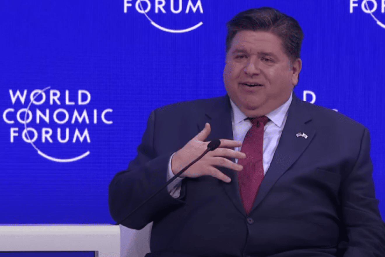 Illinois Gov. J.B. Pritzker speaking at the World Economic Forum in February 2023. Source: YouTube via Wikimedia Commons.