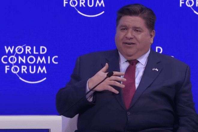 Illinois Gov. J.B. Pritzker speaking at the World Economic Forum in February 2023. Source: YouTube via Wikimedia Commons.
